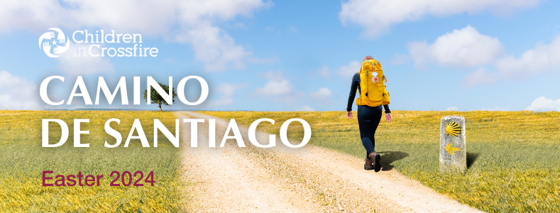 graphic with person walking the camino de santiago on a sunny day