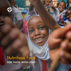 smiling child reaching for camera with Children in Crossfire logo and slogan "nutritious food - for those with least"